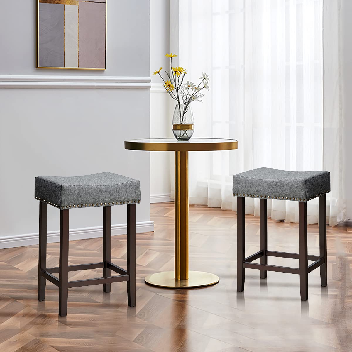 Giantex Set of 2 Saddle Bar Stools, 61cm H Backless Counter Stool, Brass Nailhead Studs