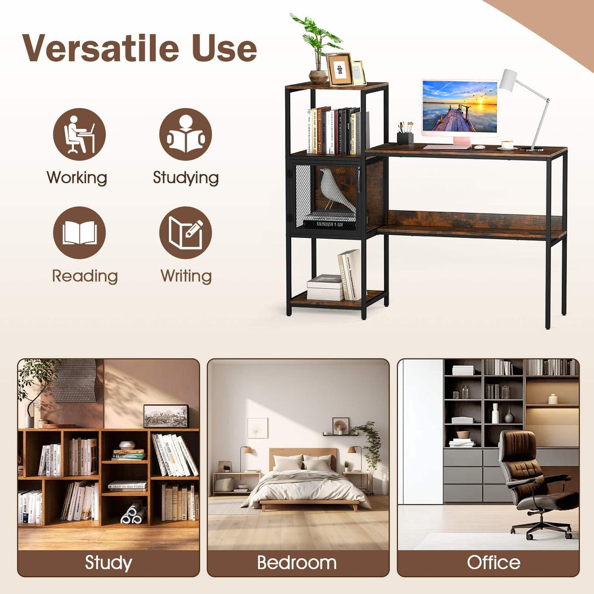 Home Office Desk with Storage Cabinet & Shelves