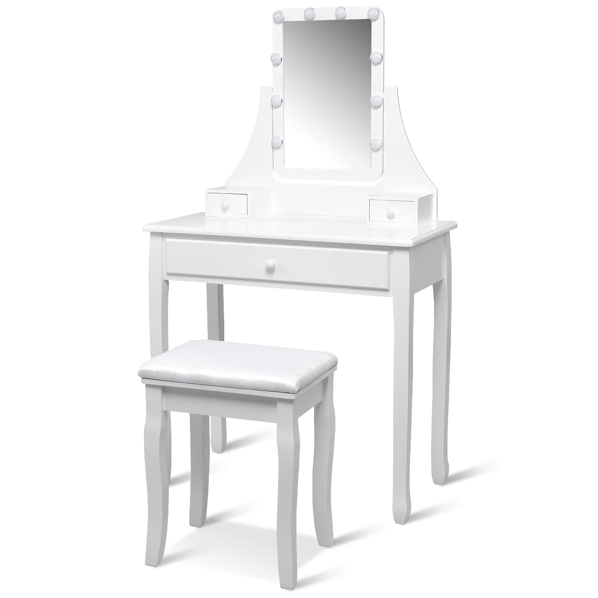 Dressing Table Stool Set, LED Vanity Makeup Dresser Table for Bedroom, Grils Daily Makeup, White