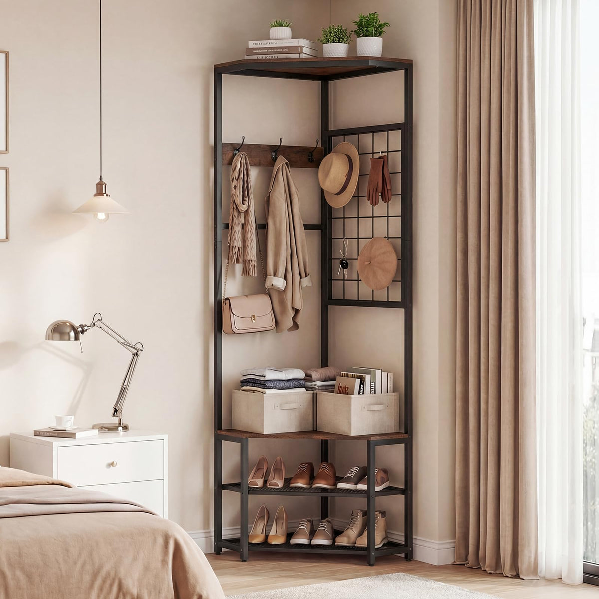 Freestanding Coat Rack with Storage Shelves and Shoe Racks