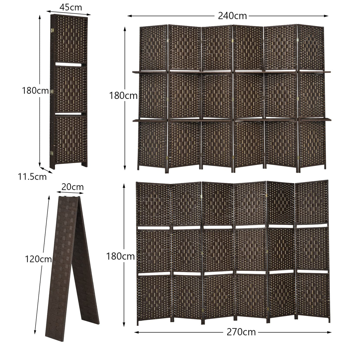 6-Panel Panel Screen Room Divider, 6Ft Wood Wall Divider, Freestanding Partition Stand, with 2 Storage Shelves