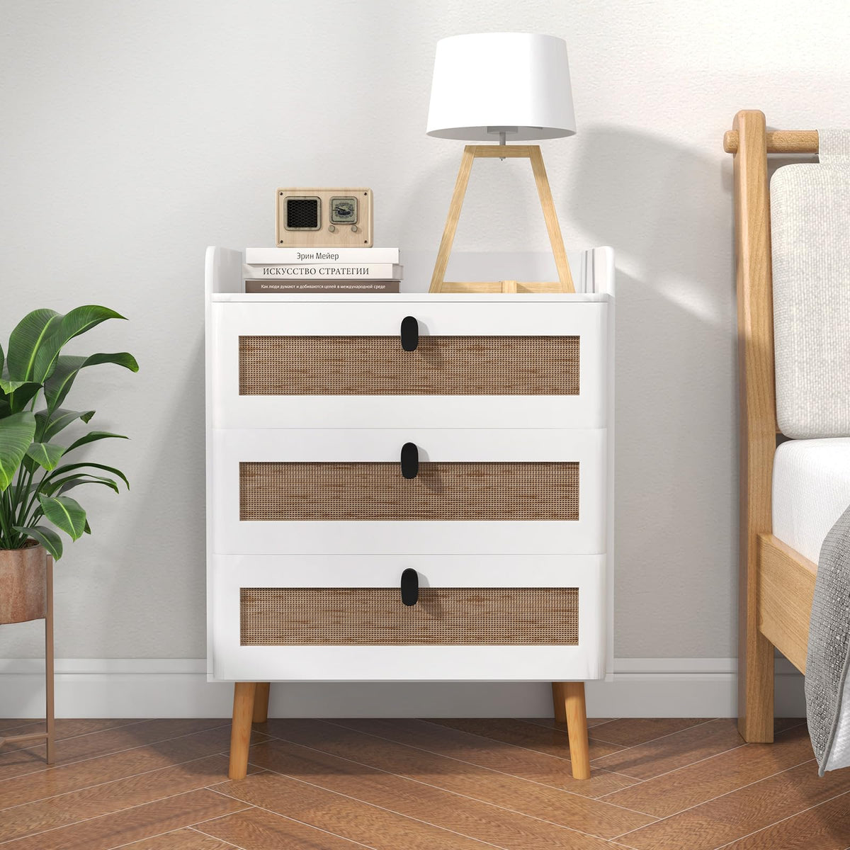 Giantex Nightstand Modern End Table Bedside Table with 3 Rattan Decorated Drawers for Small Spaces