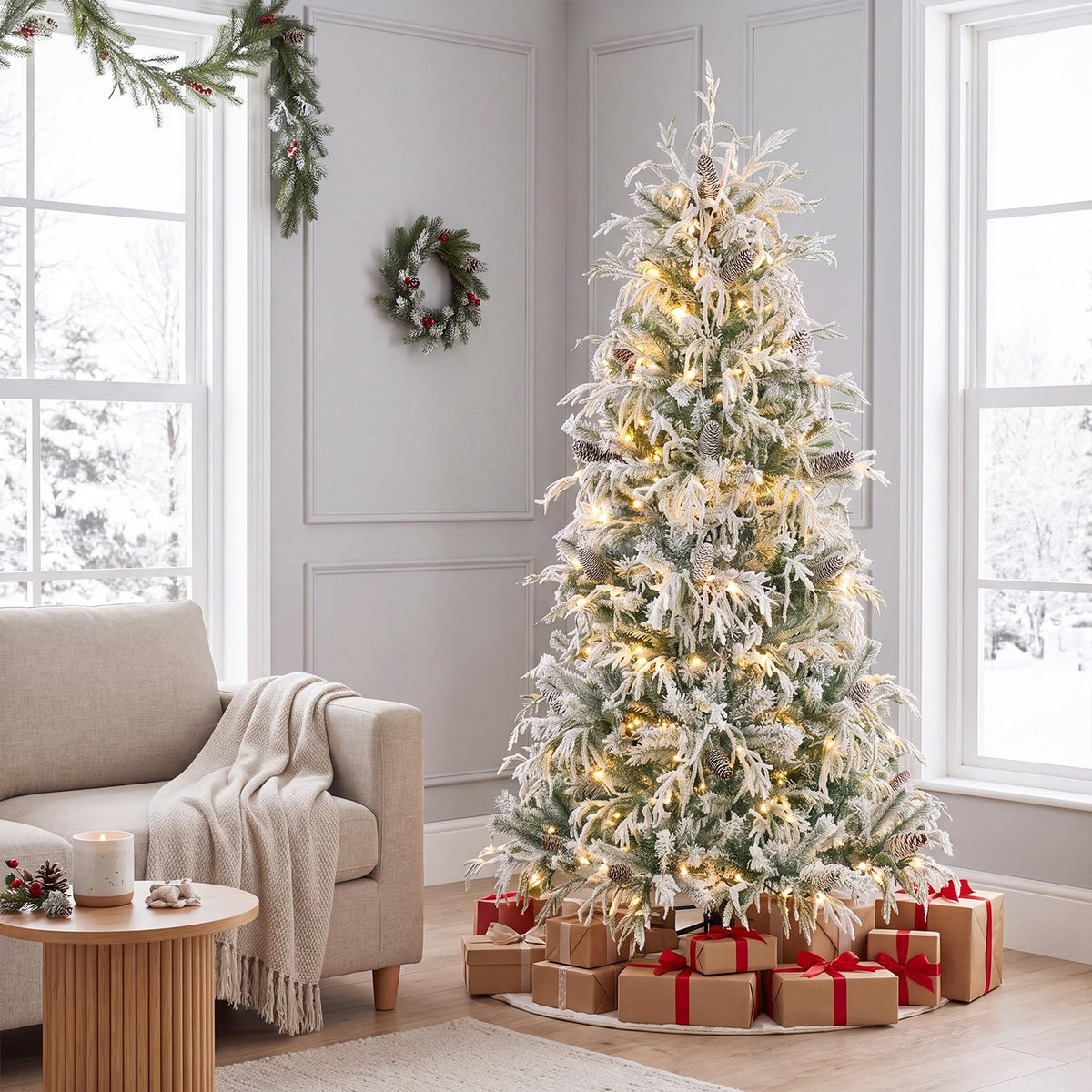 150/180cm Flocked Christmas Tree, Pre-Lit, Hinged