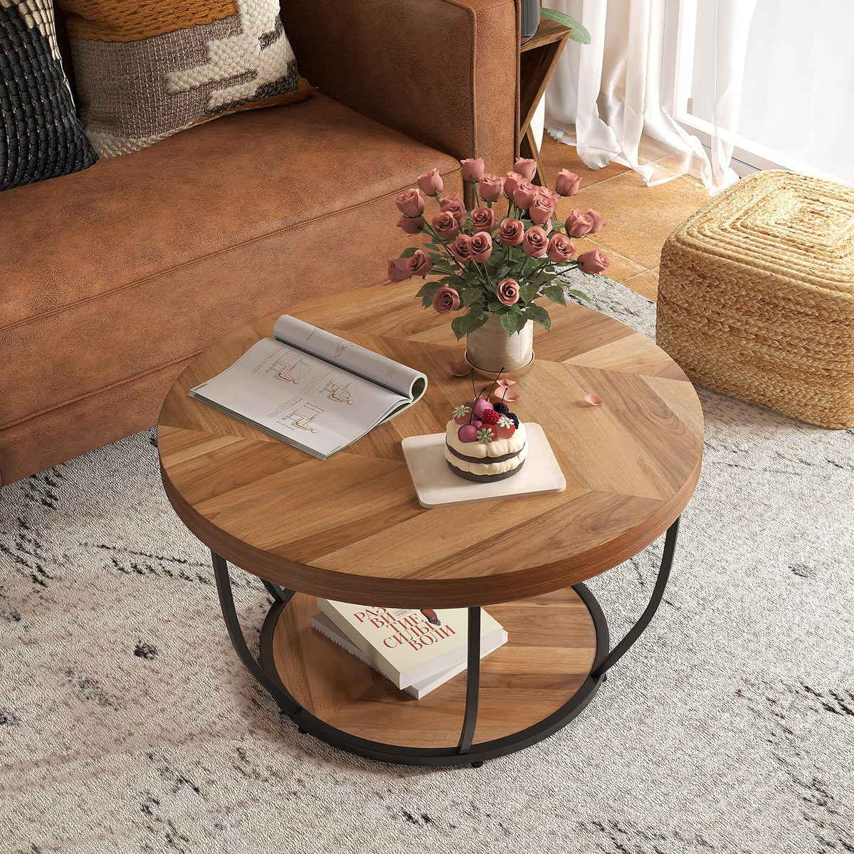 2-Tier Round Coffee Table w/Storage
