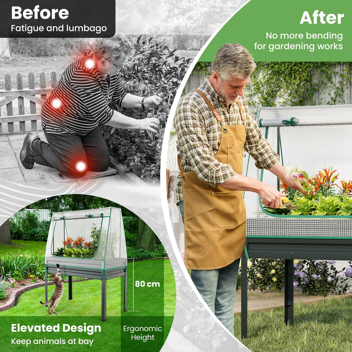 3-in-1 Raised Garden Bed with Greenhouse Cover and Trellis for Flower Herb Vegetable