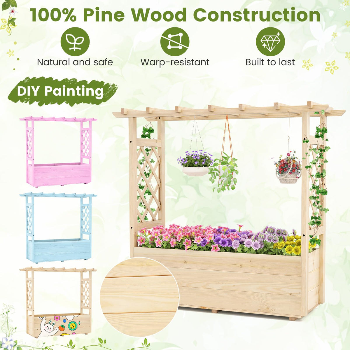 Raised Garden Bed with Trellises, Hanging Roof, Elevated Planter Box