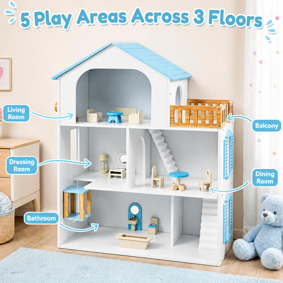3-Story Wooden Dollhouse Playset for Kids