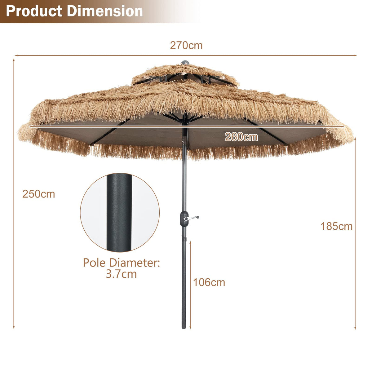 3m Thatched Tiki Umbrella, 2 Tier Hawaiian Style Patio Beach Umbrella W/8 Ribs