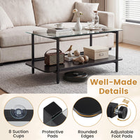 2-Tier Tempered Glass Coffee Table 95cm with Storage Shelf for Living Room