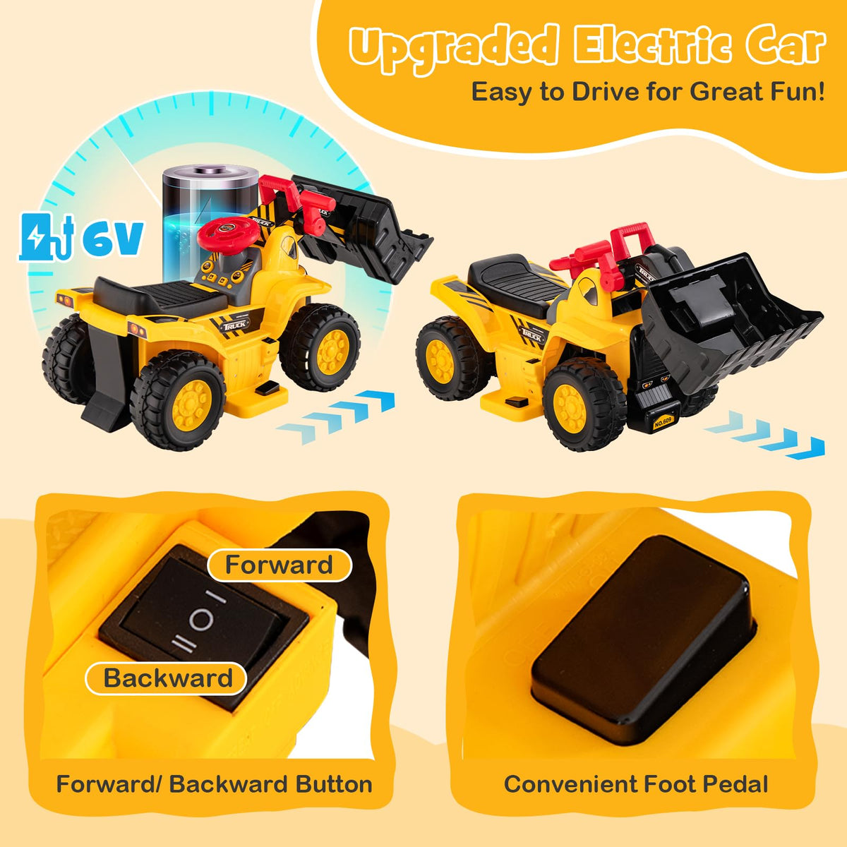 Kids Ride on Excavator, 6V Kids Electric Construction Vehicle w/Controllable Digging Bucket