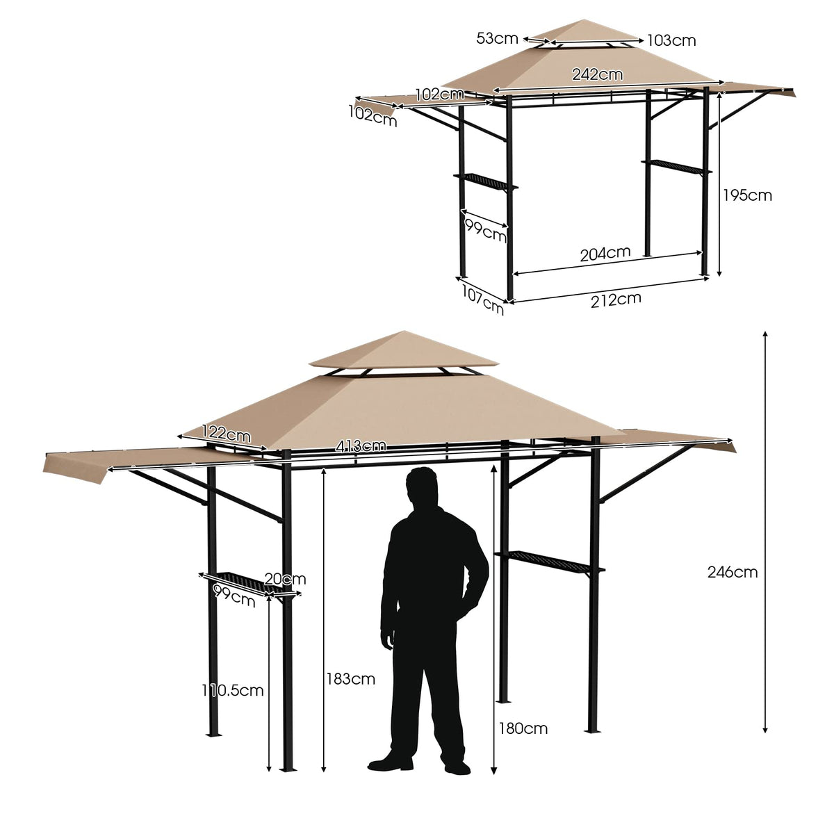 413 x 122cm Outdoor BBQ Grill Gazebo W/Dual Side Awnings, 2 Side Shelves, 8 Stakes Double-Tiered