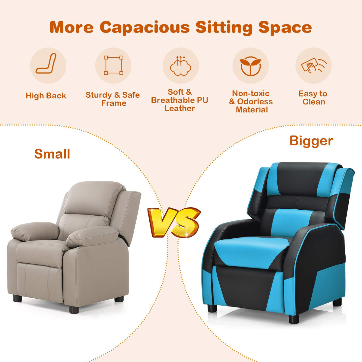 Kids Recliner Chair, Adjustable Recliner Sofa w/Footrest, Headrest & Lumbar Support, w/ Padded Seat, Blue & Black