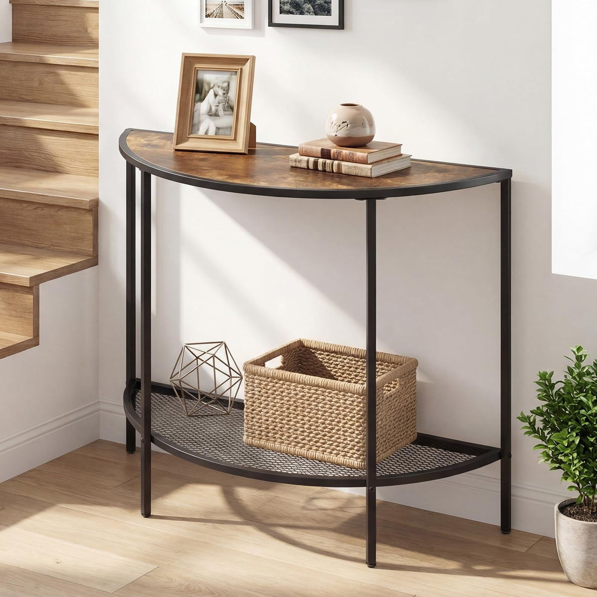 Half Moon Console Table 2-Tier Narrow Entryway Table with Storage Shelf