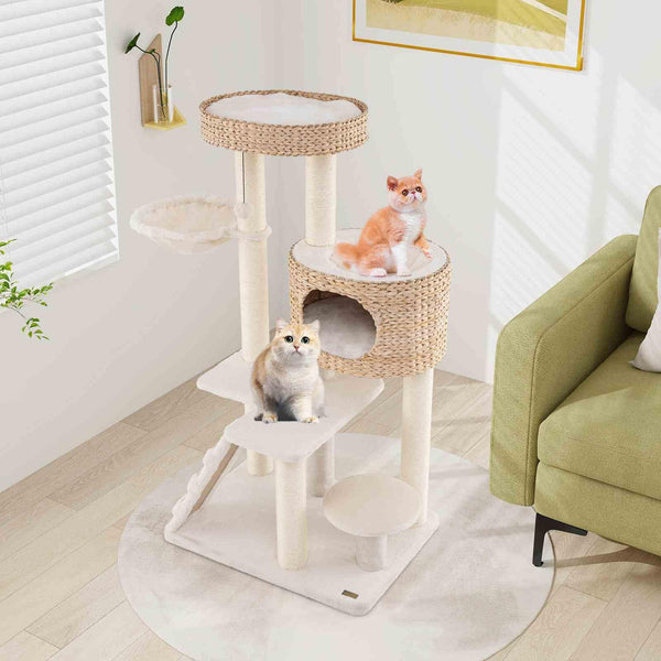 Cat Tree for Indoor Cats, Modern Cat Tower w/Cattail Fluff Condo & Top Perch, Sisal Scratching Posts, Hanging Basket