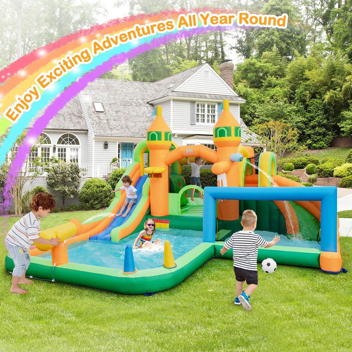 Inflatable Water Slide, Kids Water Park w/Long Slides, Splash Pools, Climbing Wall, Water Gun