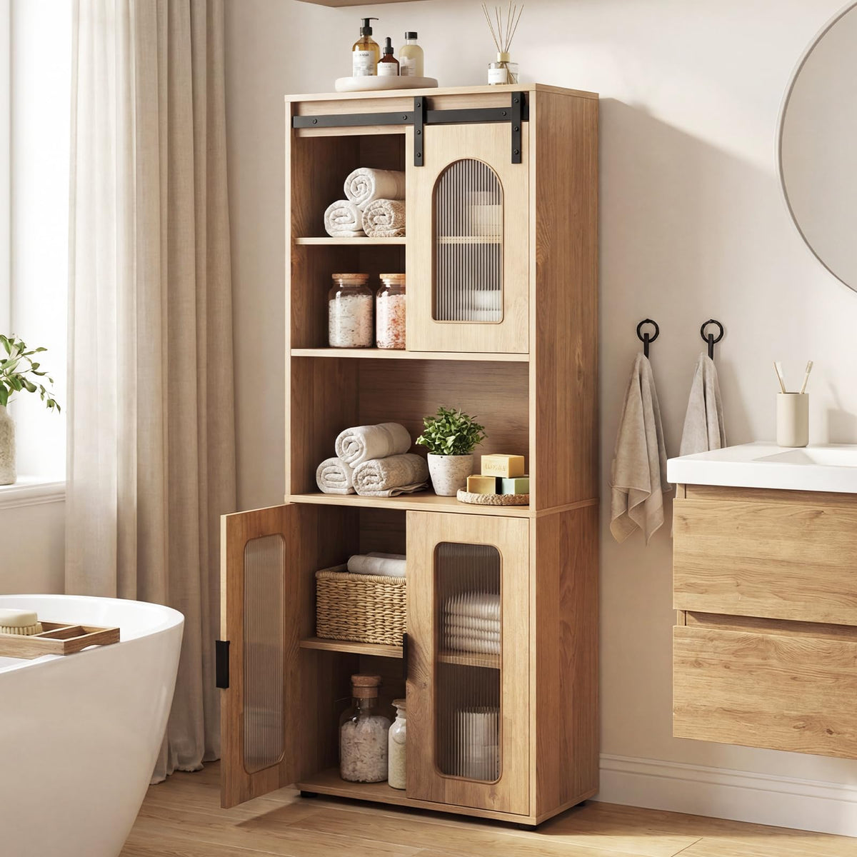 Farmhouse Bathroom Floor Cabinet with Sliding Barn Door and Shelves