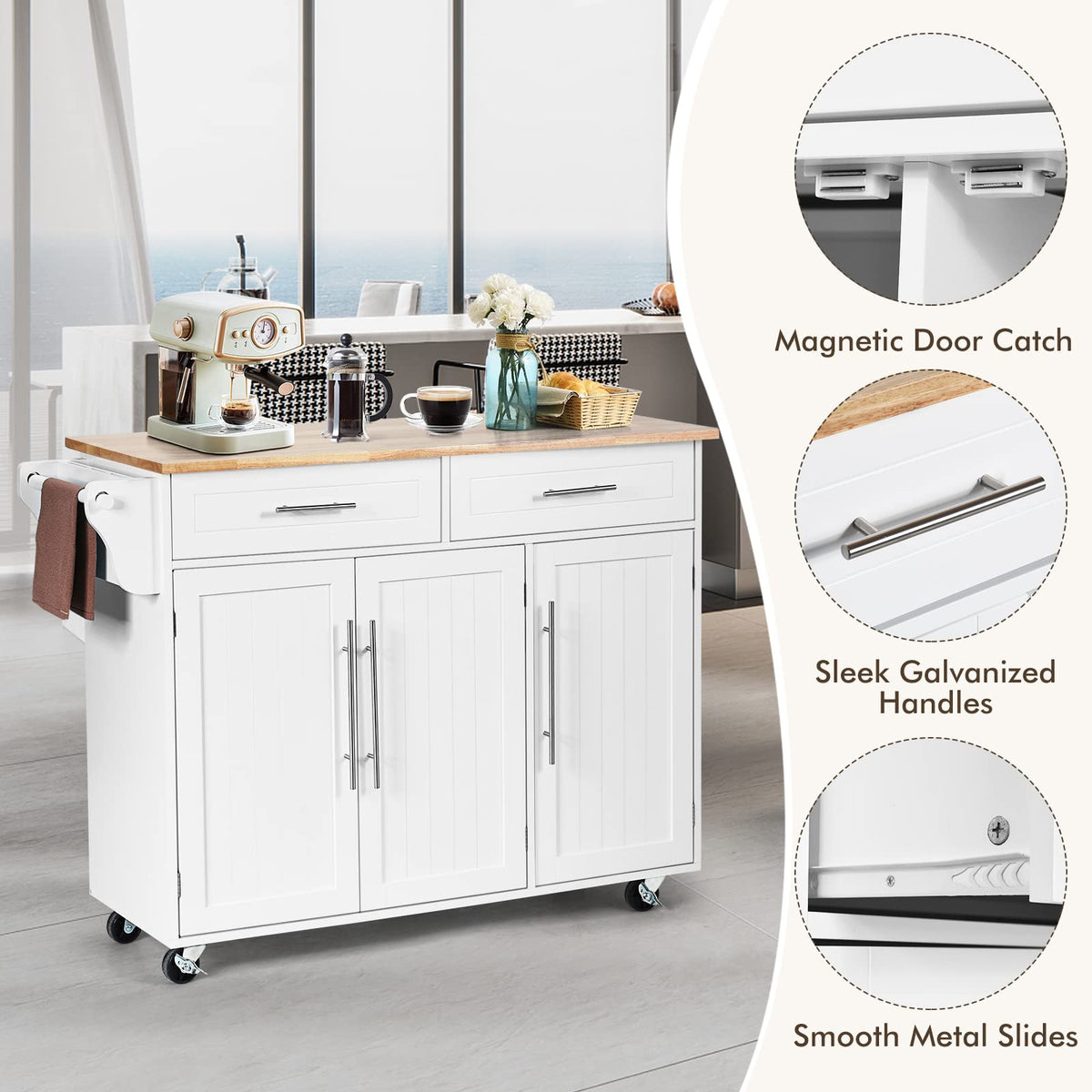 Giantex Mobile Kitchen Island Cart, Rolling Storage Trolley with Towel Bar, 2 Deep Drawers, 3 Door Cabinets