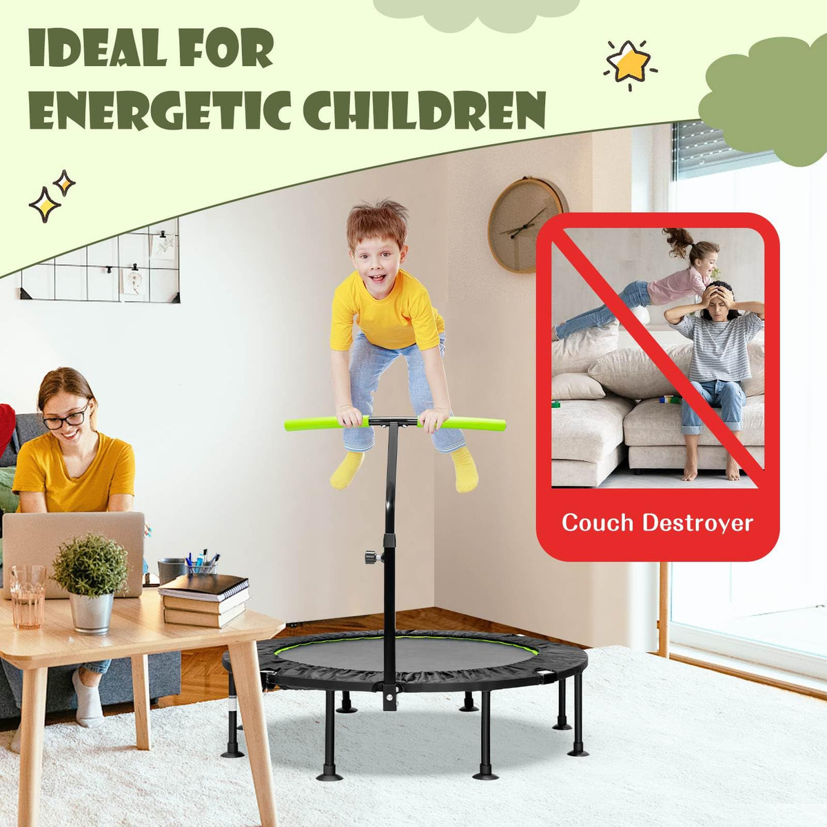 Foldable Mini Trampoline with Height Adjustable Handrail for Kids Adults