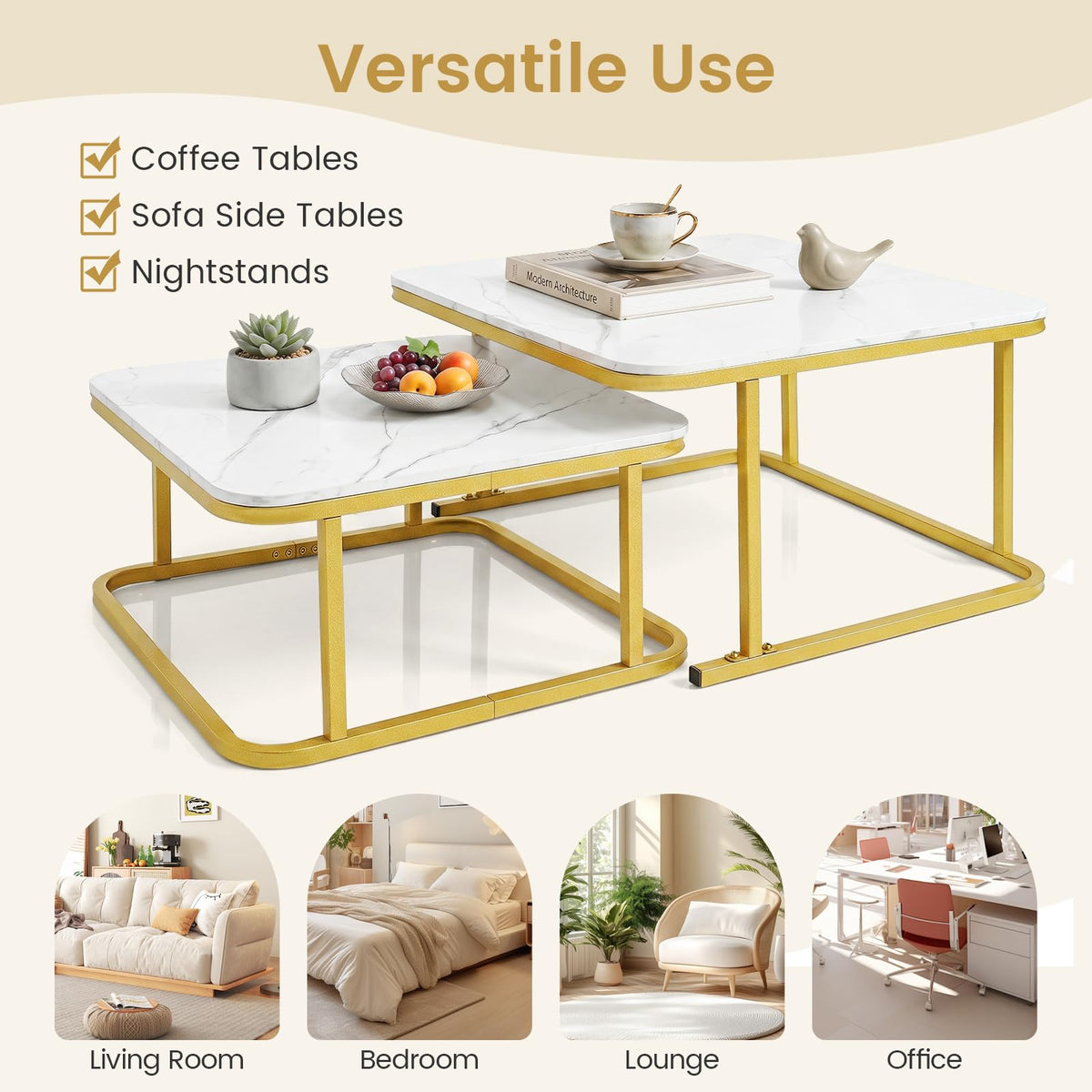 Nesting Coffee Table Set of 2 with Faux Marble Tabletop and Metal Frame for Living Room Bedroom