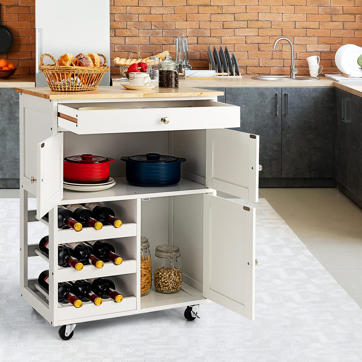 Giantex Kitchen Island Trolley, Rolling Cart with Ample Tabletop, 3 Doors Mobility Storage Cabinet, White