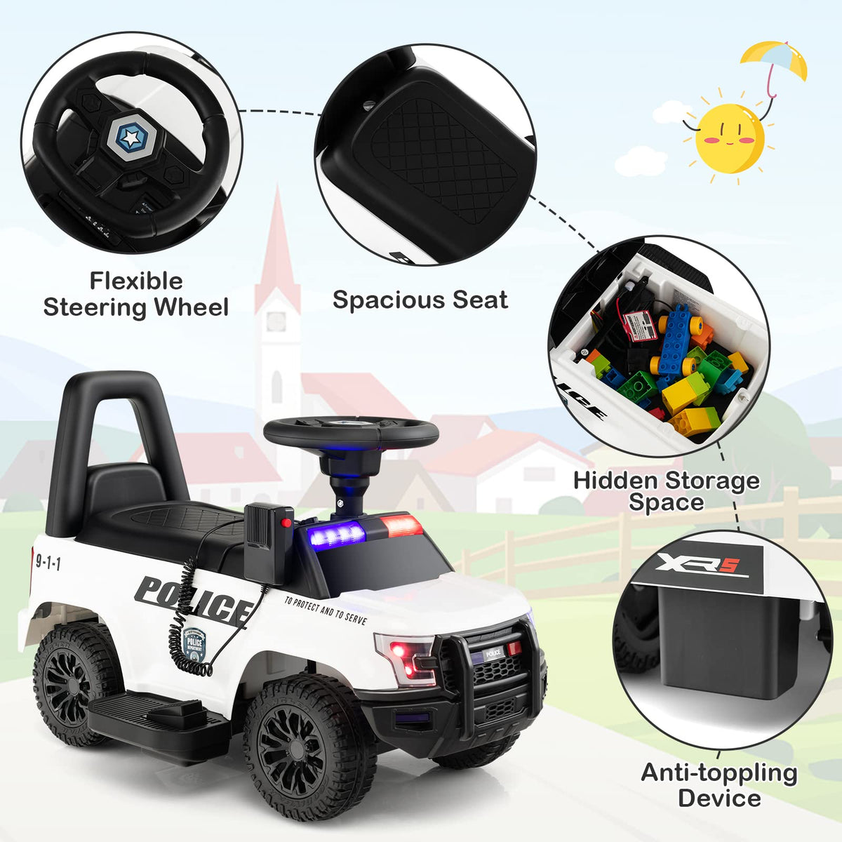 Kids Ride On Police Car, 6V Battery Powered Electric Toy Car w/Real Megaphone, Music