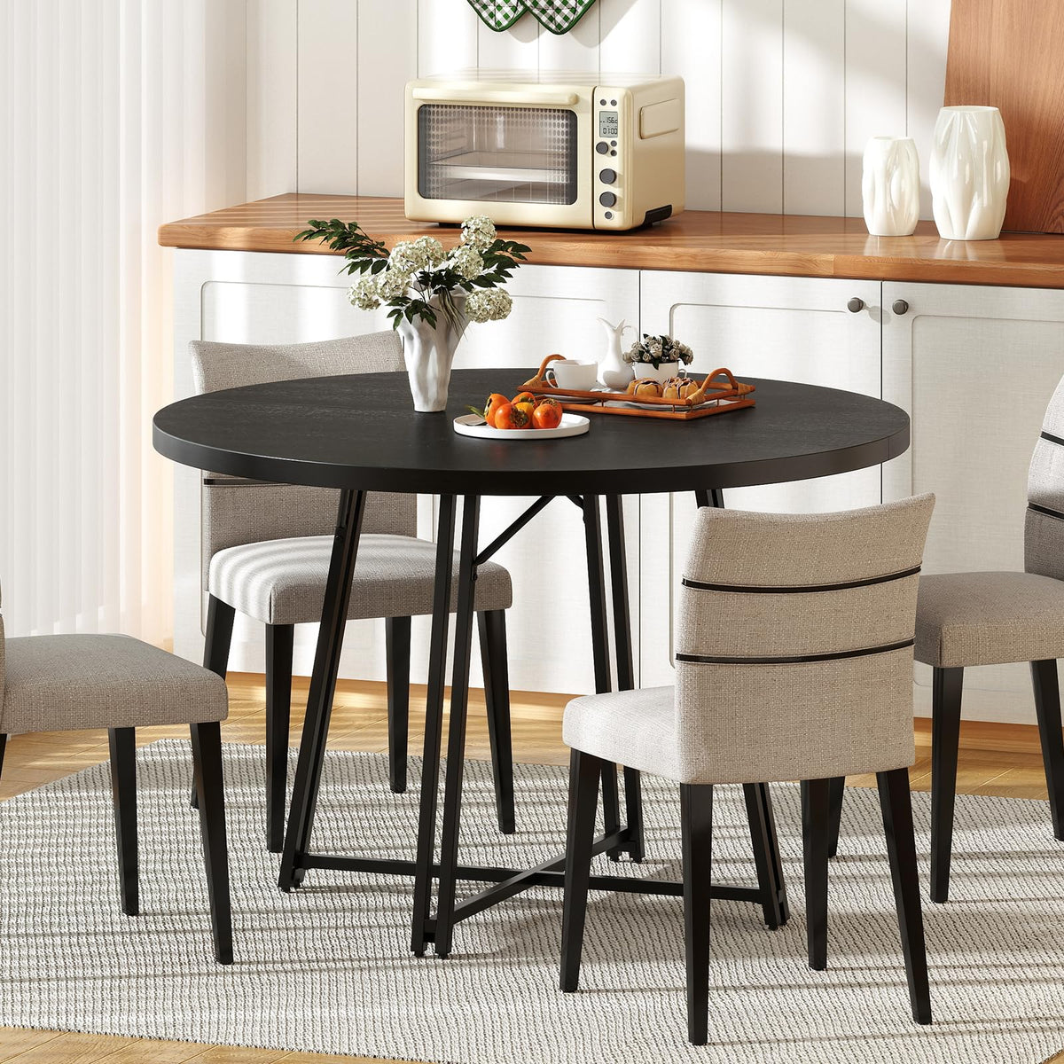 Giantex 118cm Dining Table for 4-6 People, Round Kitchen Table with 8 Metal Supporting Legs