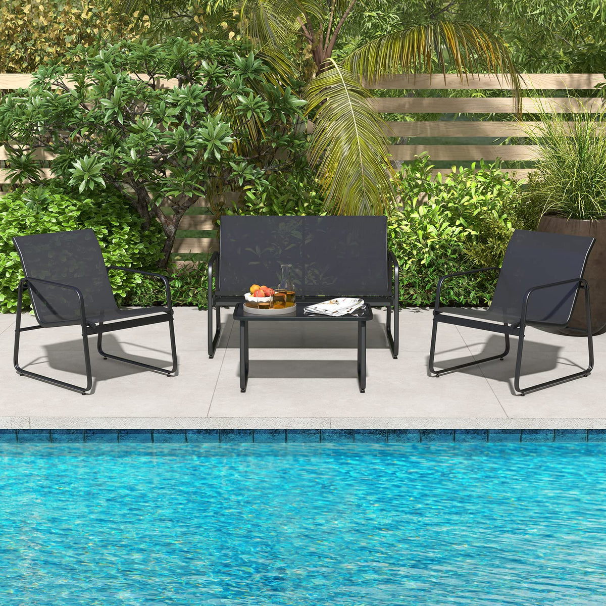 Outdoor Conversation Set 4 Pieces Patio Furniture Set with Tempered Glass Coffee Table