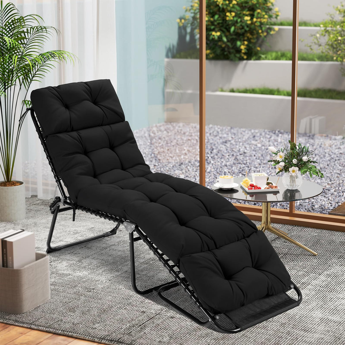 Black Outdoor Lounge Chair with 4-Position Backrest and Removable Lounge Cushion