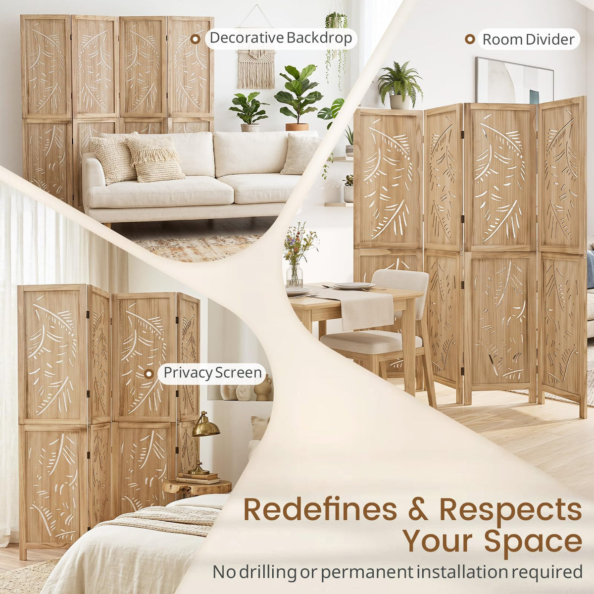 Giantex 4/6-Panel Wooden Room Divider Privacy Screen (4-Panel)