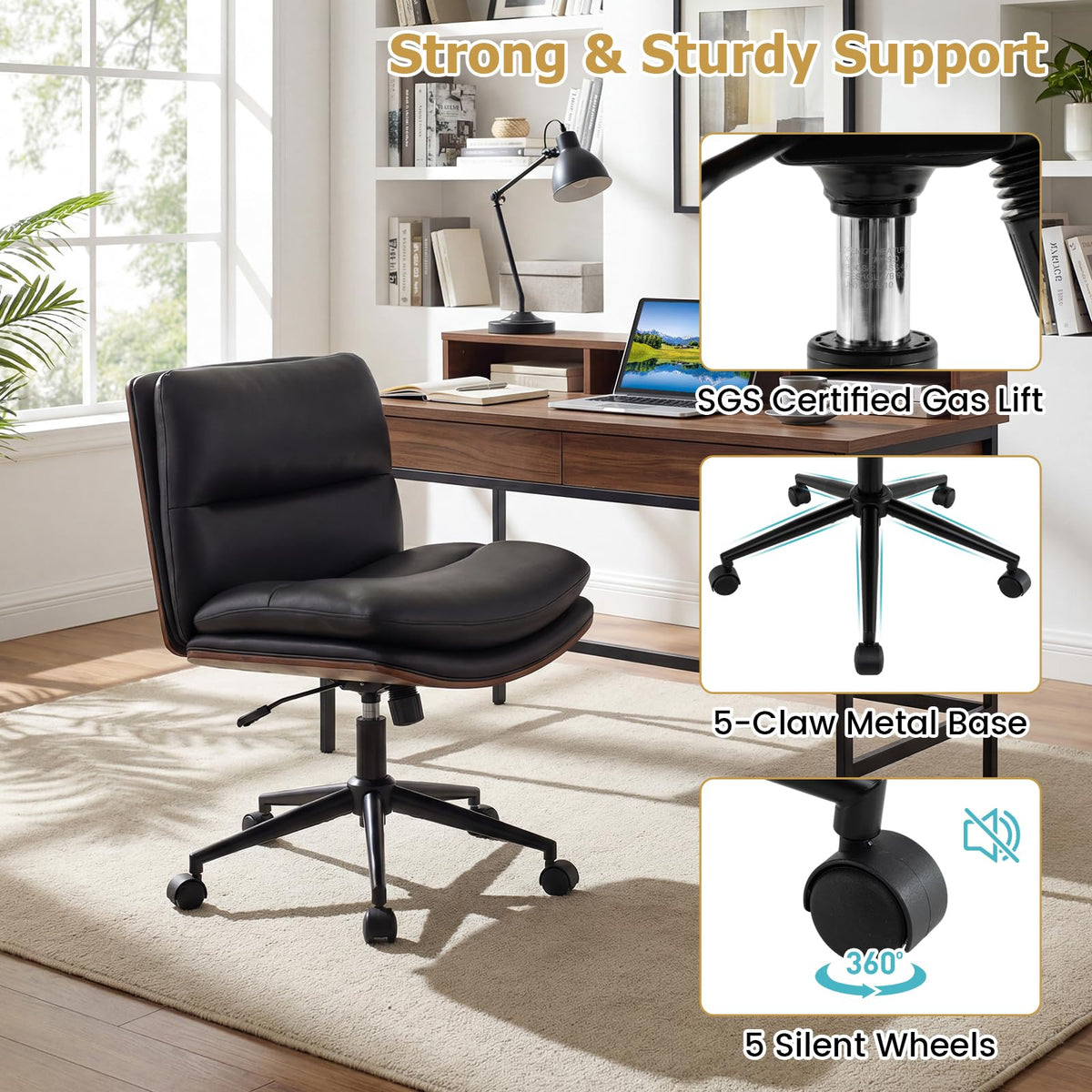 Vanity Office Chair with Wheels, Height Adjustable Swivel Task Chair