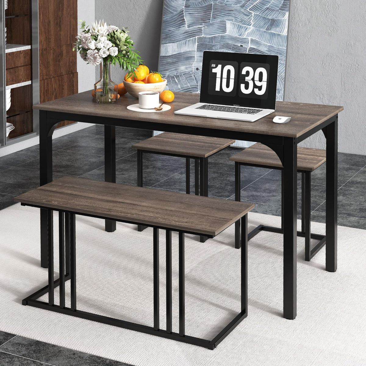 Giantex 4-Piece Dining Table Set, Industrial Dining Table W/Bench & 2 Stools for 4 Persons