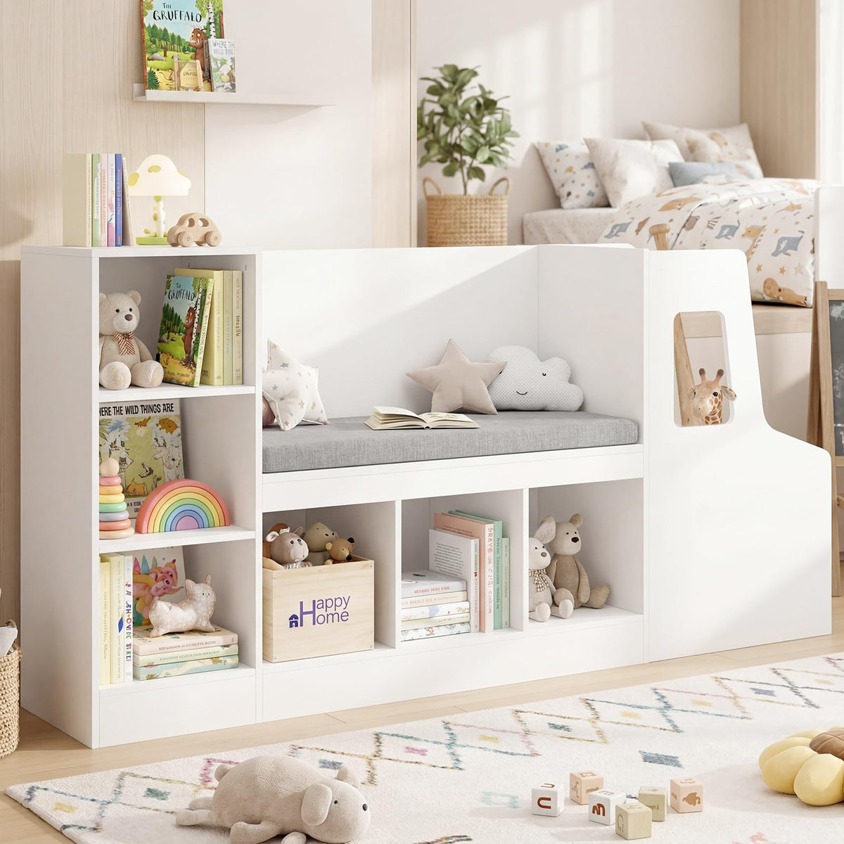 Car-Shaped Kids Bookshelf with Reading Nook, Kids Bookcase w/6 Compartments