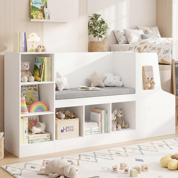 Car-Shaped Kids Bookshelf with Reading Nook, Kids Bookcase w/6 Compartments