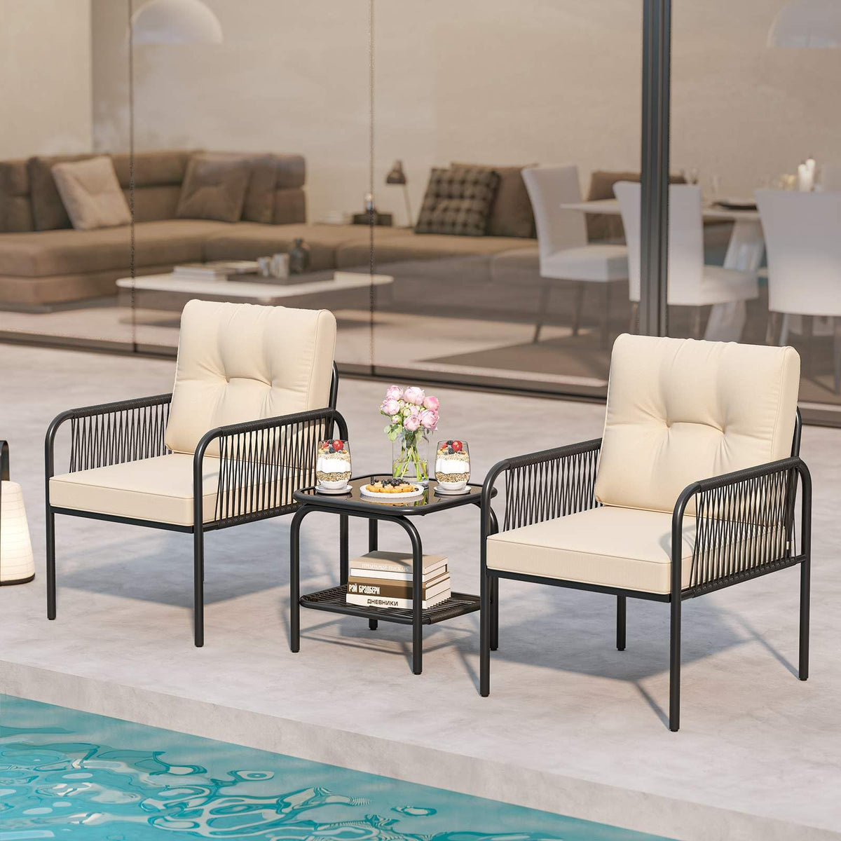 3 Pieces Patio Bistro Set, PE Rattan Furniture Set