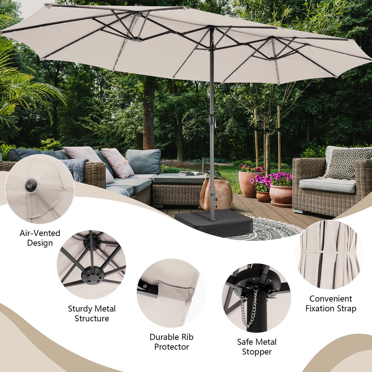 4.7M Double-Sided Patio Umbrella with Solar Lights for Poolside Garden Yard