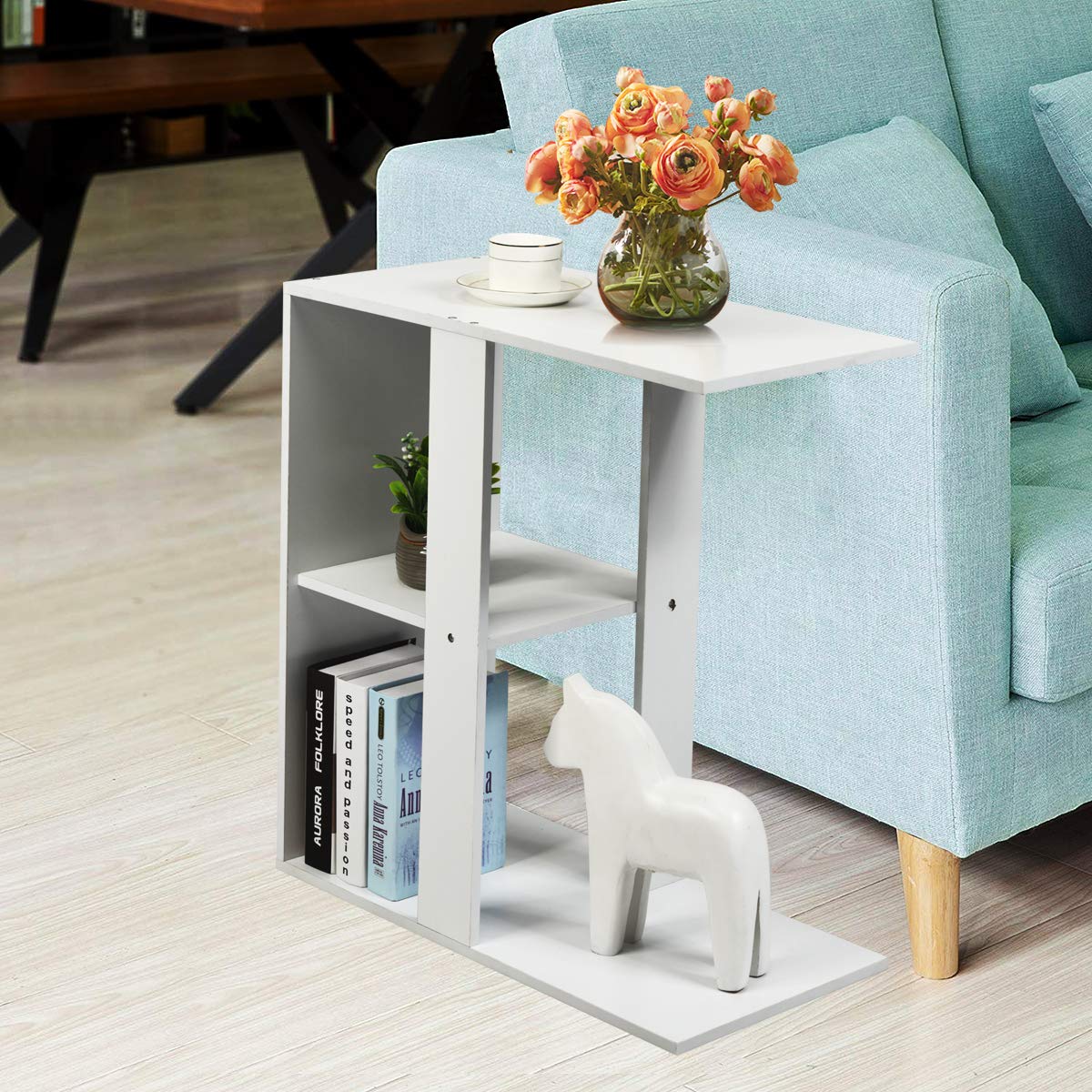 Giantex 3-Tier Side Table, C Shaped Snack Table with Storage Shelf, Modern Side Table for Small Spaces, Industrial Nightstand