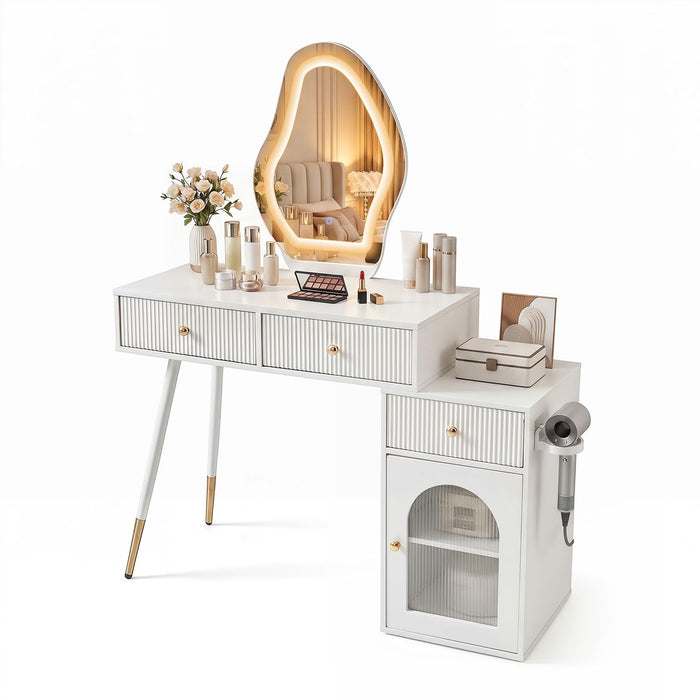 Giantex Vanity Desk with Mirror, Modern Dressing Table with 3 Light Colors & Adjustable Brightness