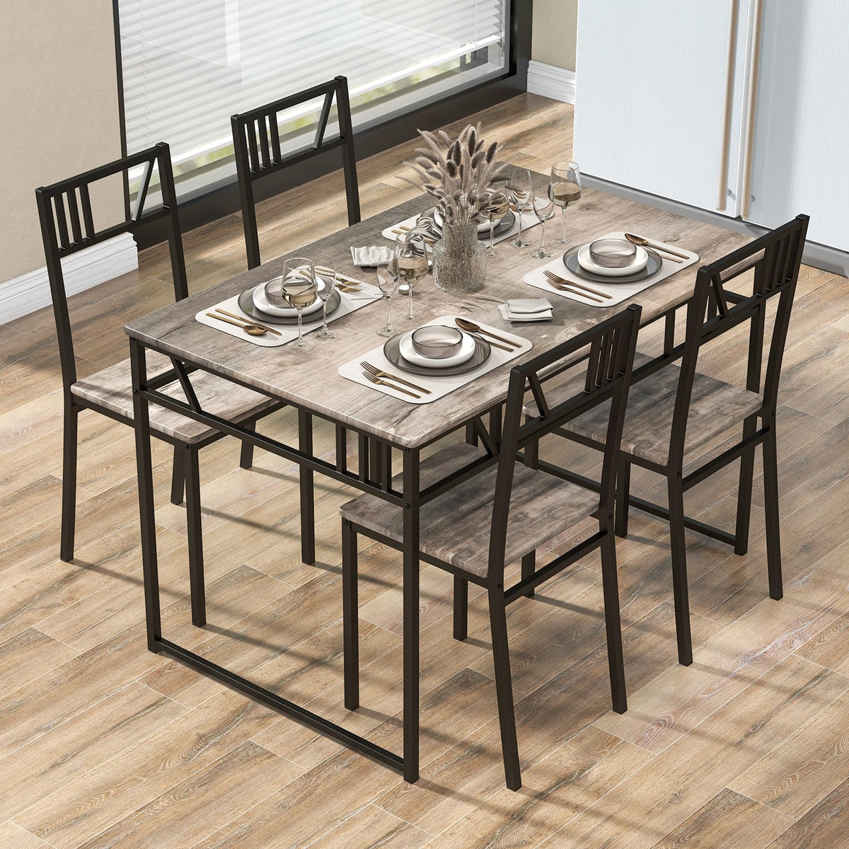 Giantex 5 Piece Dining Table Set, Industrial-Style Kitchen Table & 4 Chairs w/Wood Like Tabletop & Metal Frame