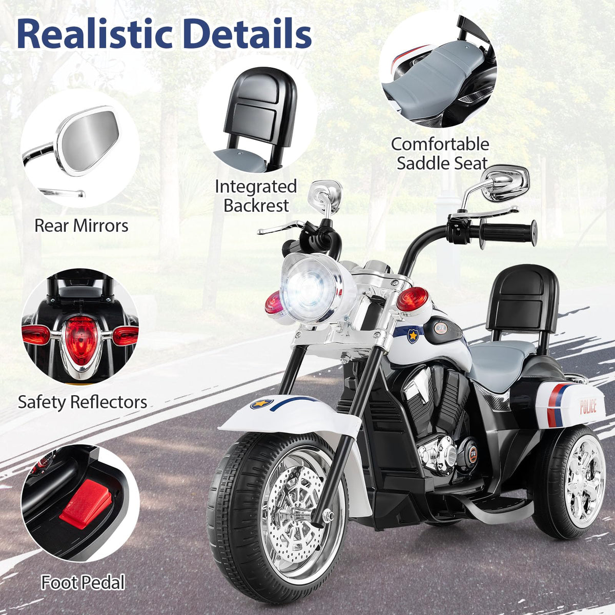 6V Kids Motorcycle 3-Wheel with Headlight and Horn White