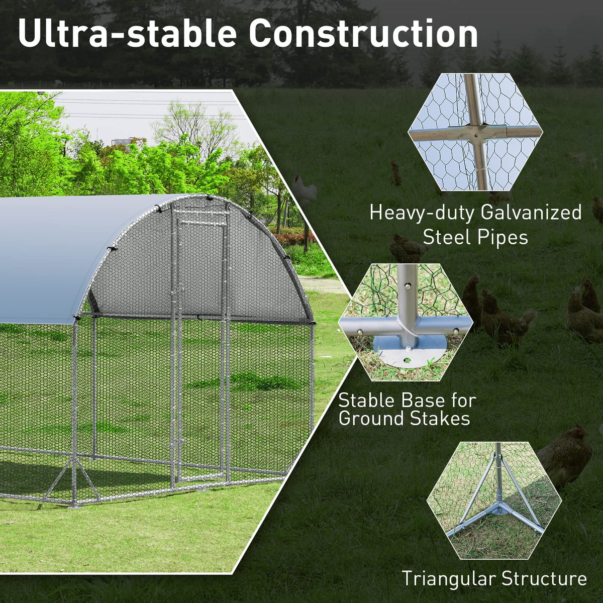 Large Metal Chicken Coop, Galvanized Walk in Poultry Cage with Waterproof and Sun-Protective Cover