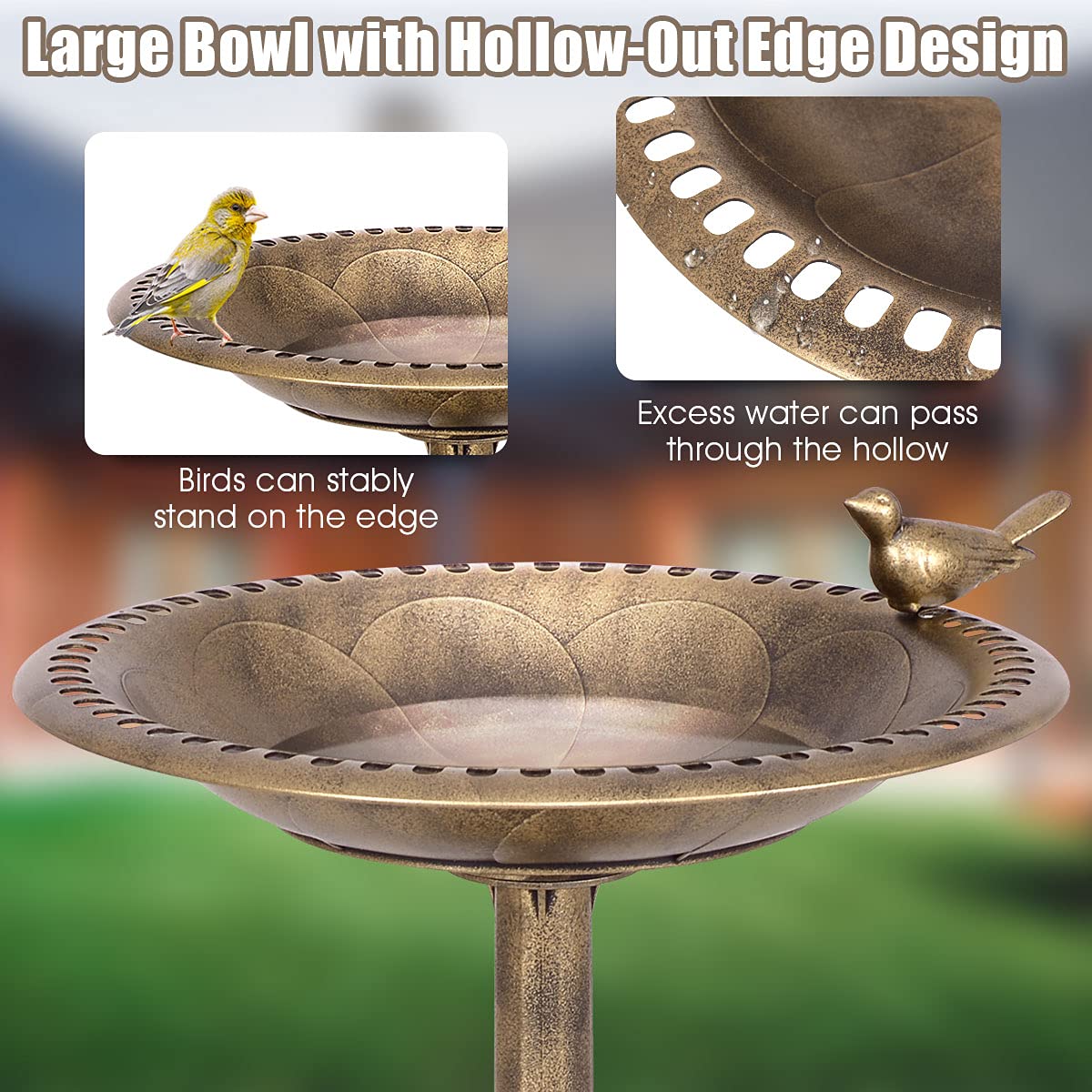 Garden Bird Bath with Sparrow Statue for Courtyard and Lawn