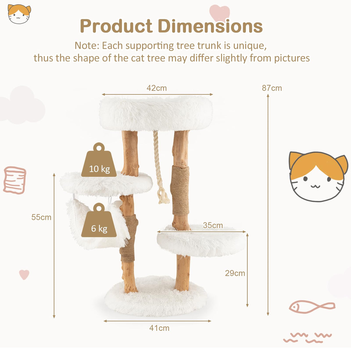 87 CM Tall Wooden Cat Tree, Solid Wood Cat Tower with Jute Scratching Posts