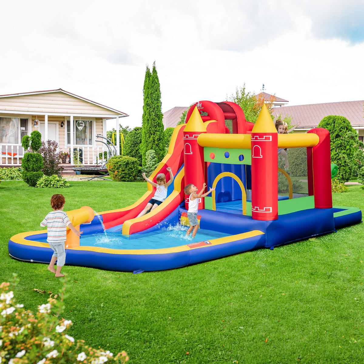 9-in-1 Inflatable Bounce Castle with Waterslide for 3+ (with 680W Blower)
