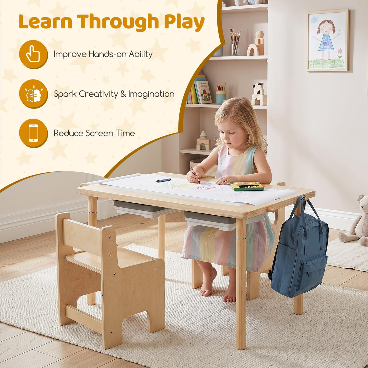 Kids Sensory Table and Chair Set with Adjustable Height 2 Bins for Water Sand Play