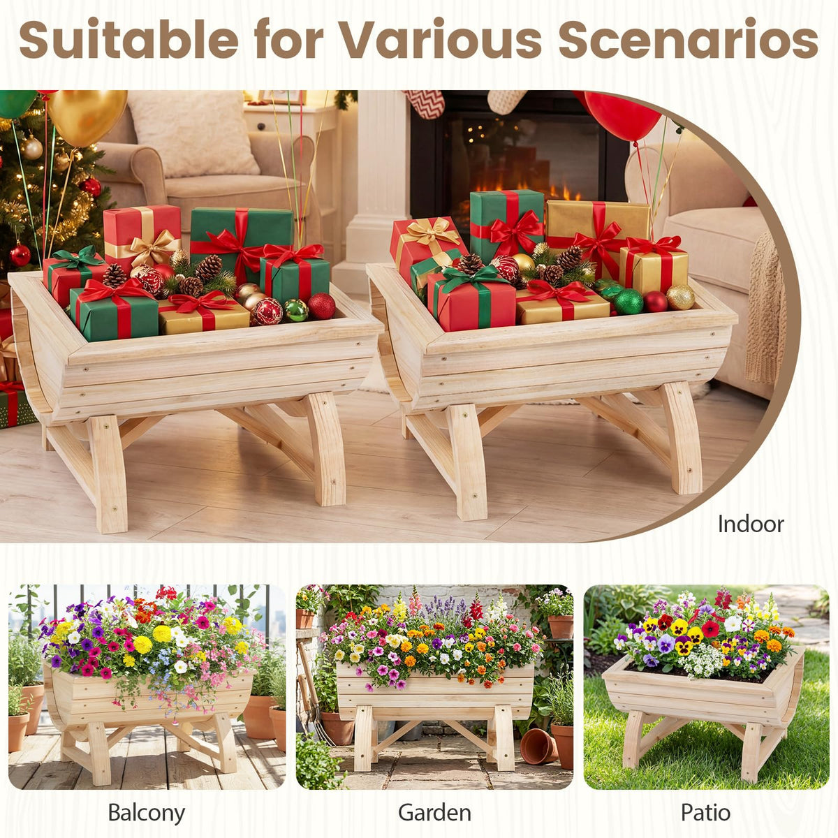 Set of 2 Wood Raised Garden Beds, Half-Barrel Planter Boxes
