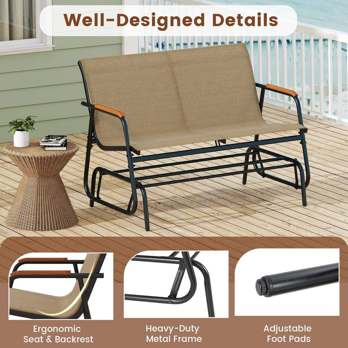2-Person Outdoor Glider Bench Patio Gliding Loveseat with Breathable Fabric Seat