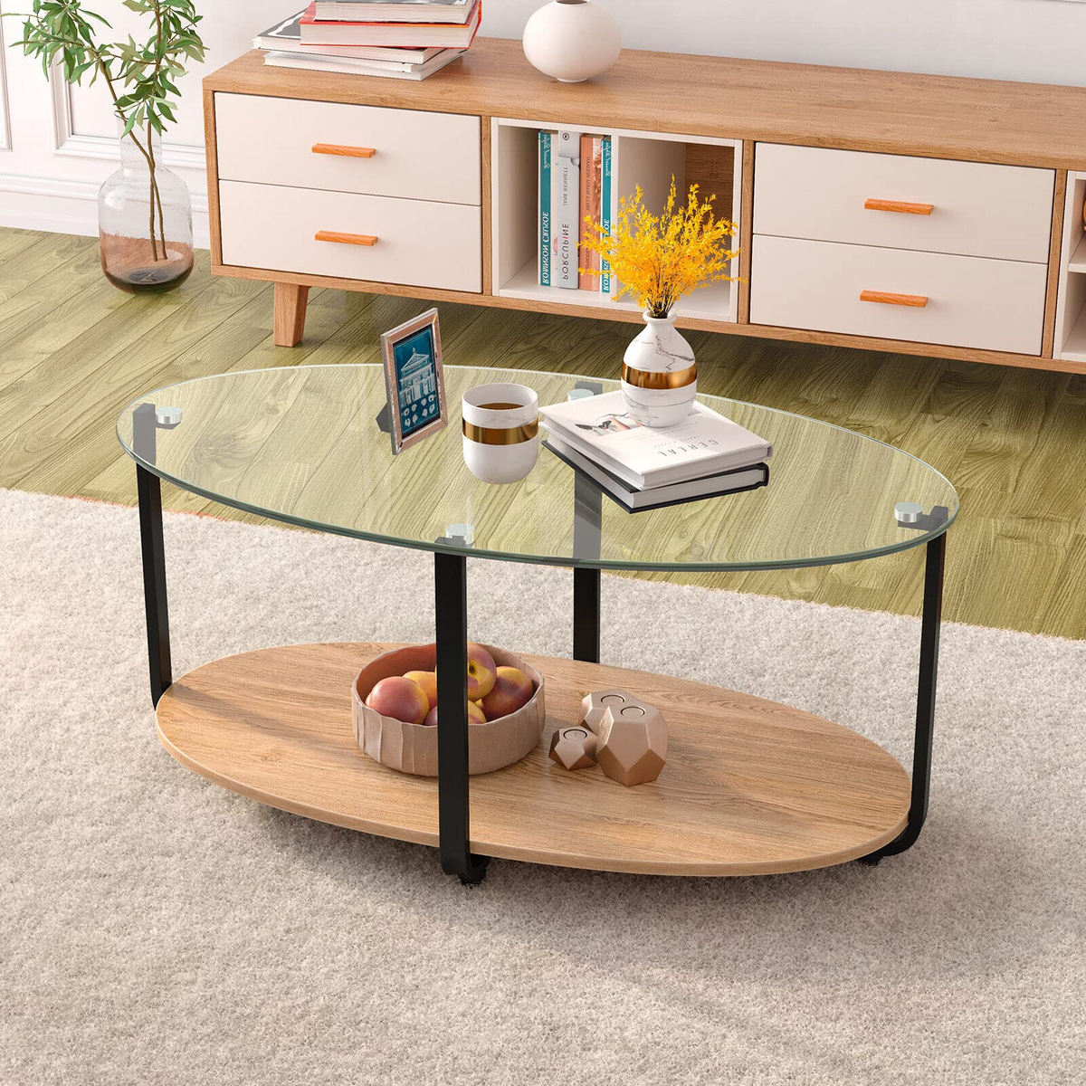 Giantex 2-Tier Coffee Table, Oval Modern Side Table with Tempered Glass Tabletop & Wooden Shelf