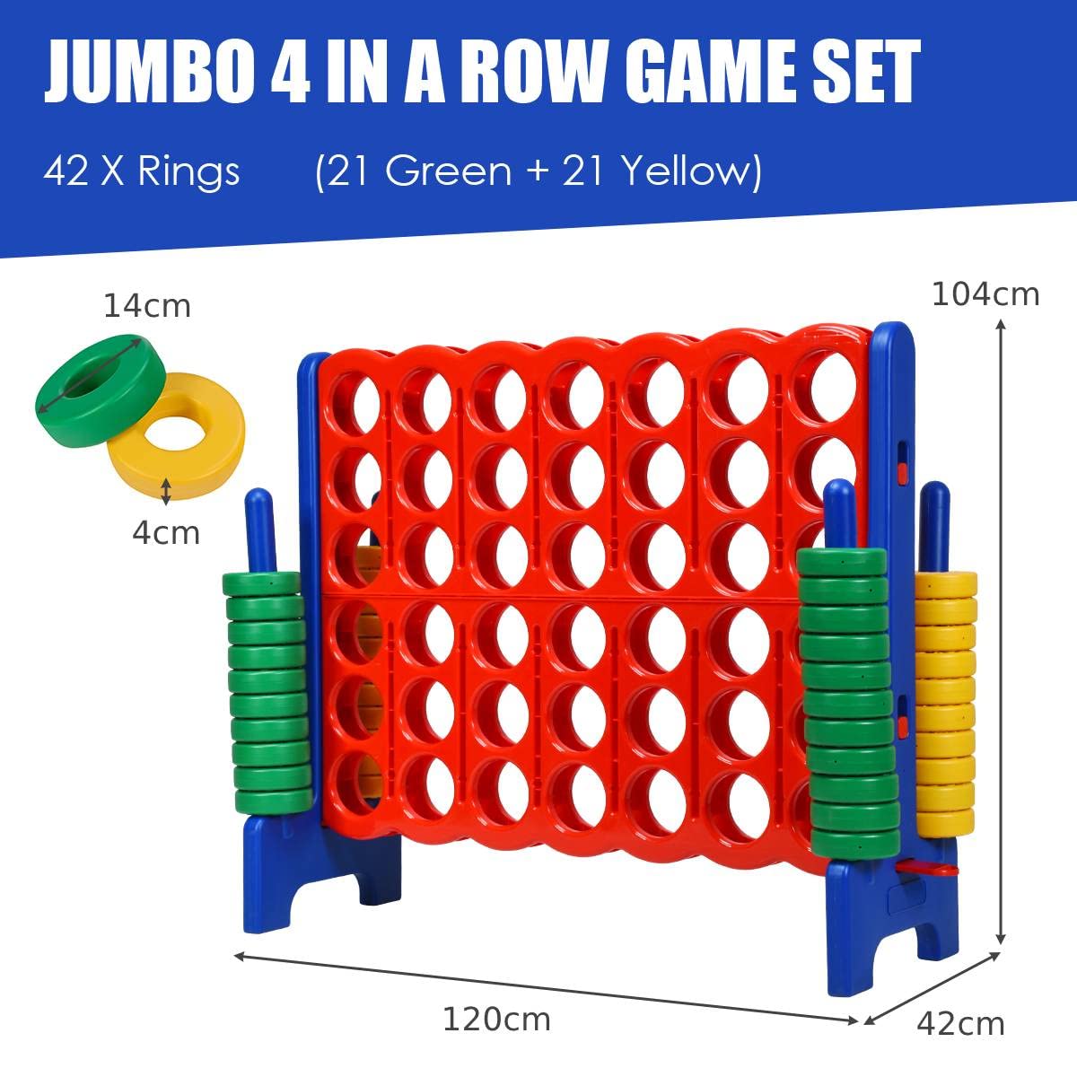Oversized 4 in A Row Connect Game with 42 Jumbo Rings & Quick-Release Sliders