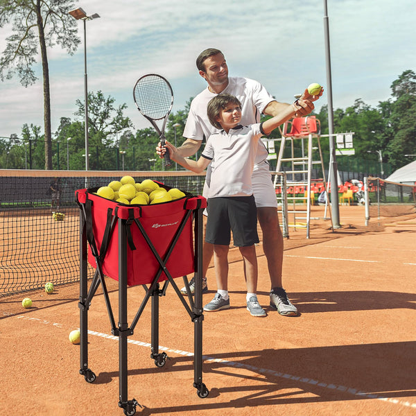 Foldable Tennis Ball Cart, Lightweight Aluminum Tennis Ball Hopper Basket w/Wheels