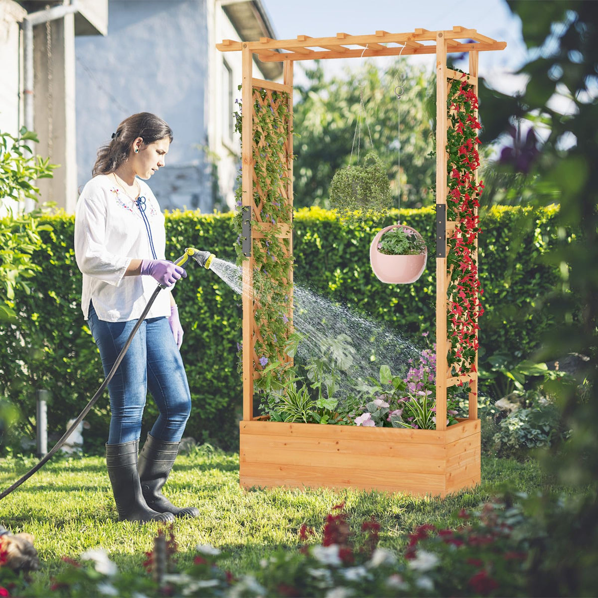 Raised Garden Bed with Arch Trellis, Hanging Roof, Planter Box